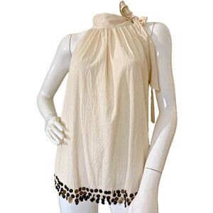 ASOS High Neck Top Metal Sequin Cream Trapeze Blouse Racer-back Size Small S